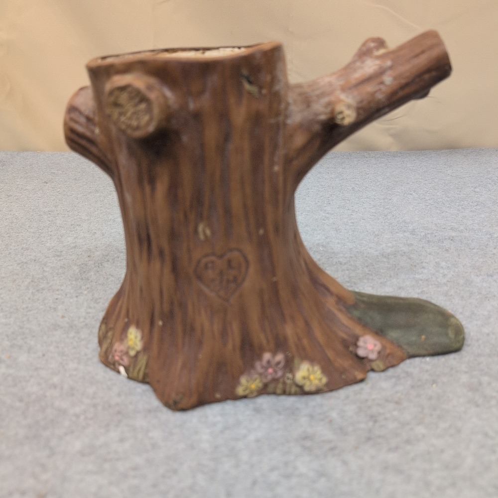 Vintage Tree Stump Ceramic Planter Bark Texture Heart Carving Brown Floral - Picture 1 of 13